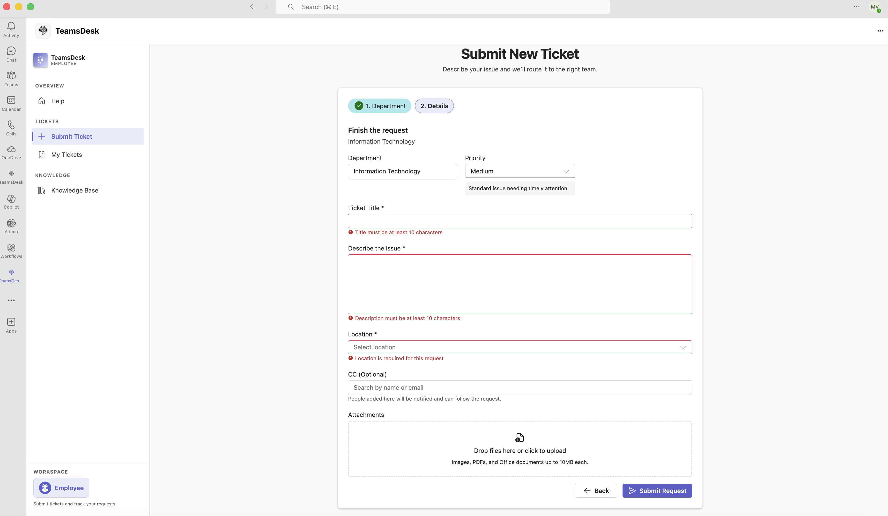 Employee submitting a ticket inside Microsoft Teams