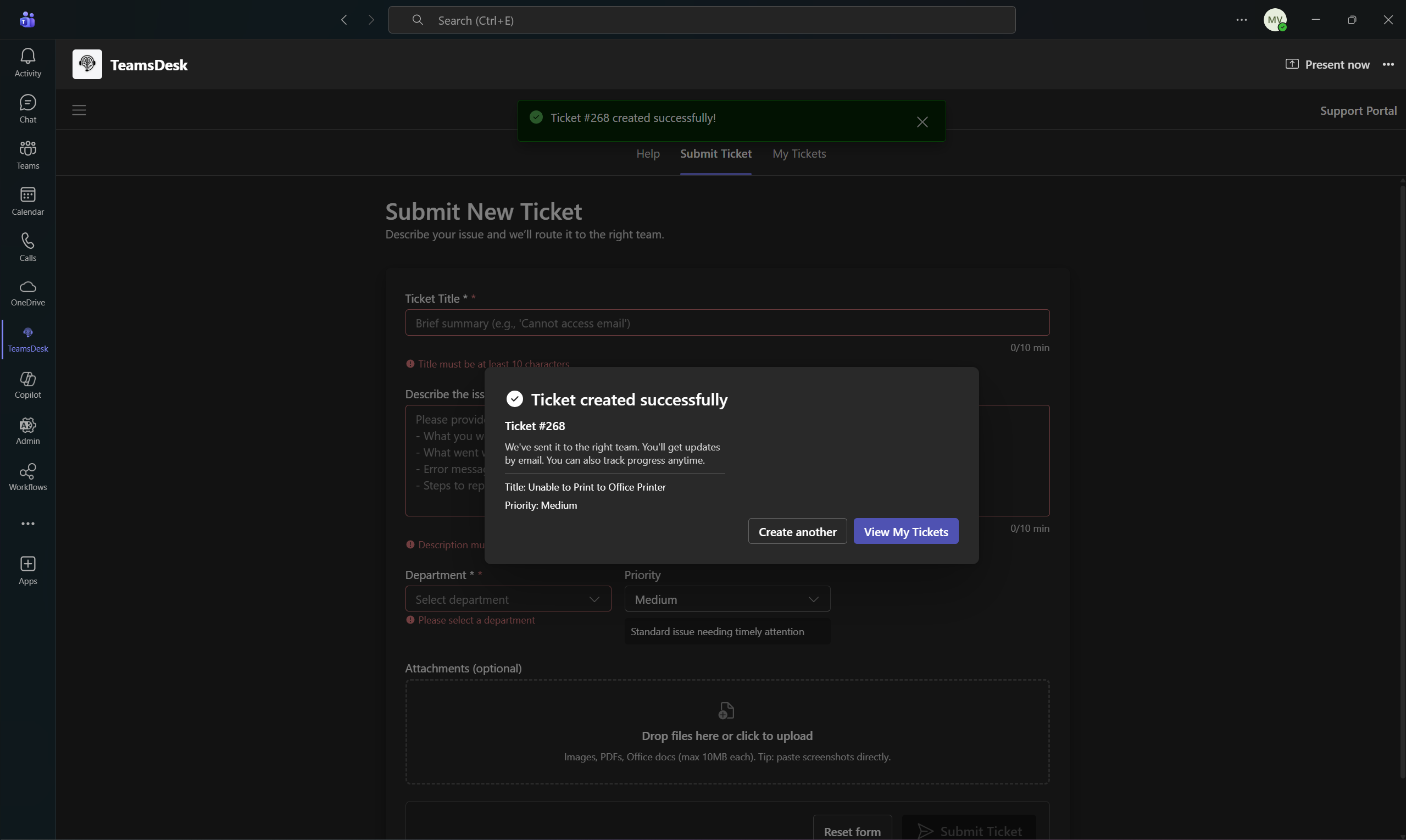 Submitted Ticket Screen