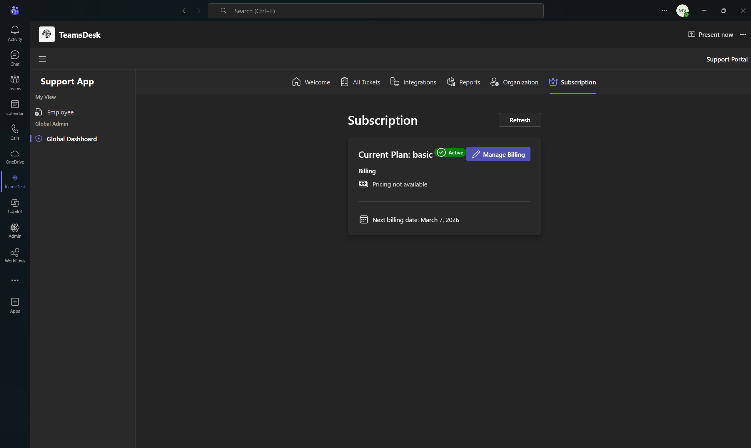 Subscription Page Global Admin
